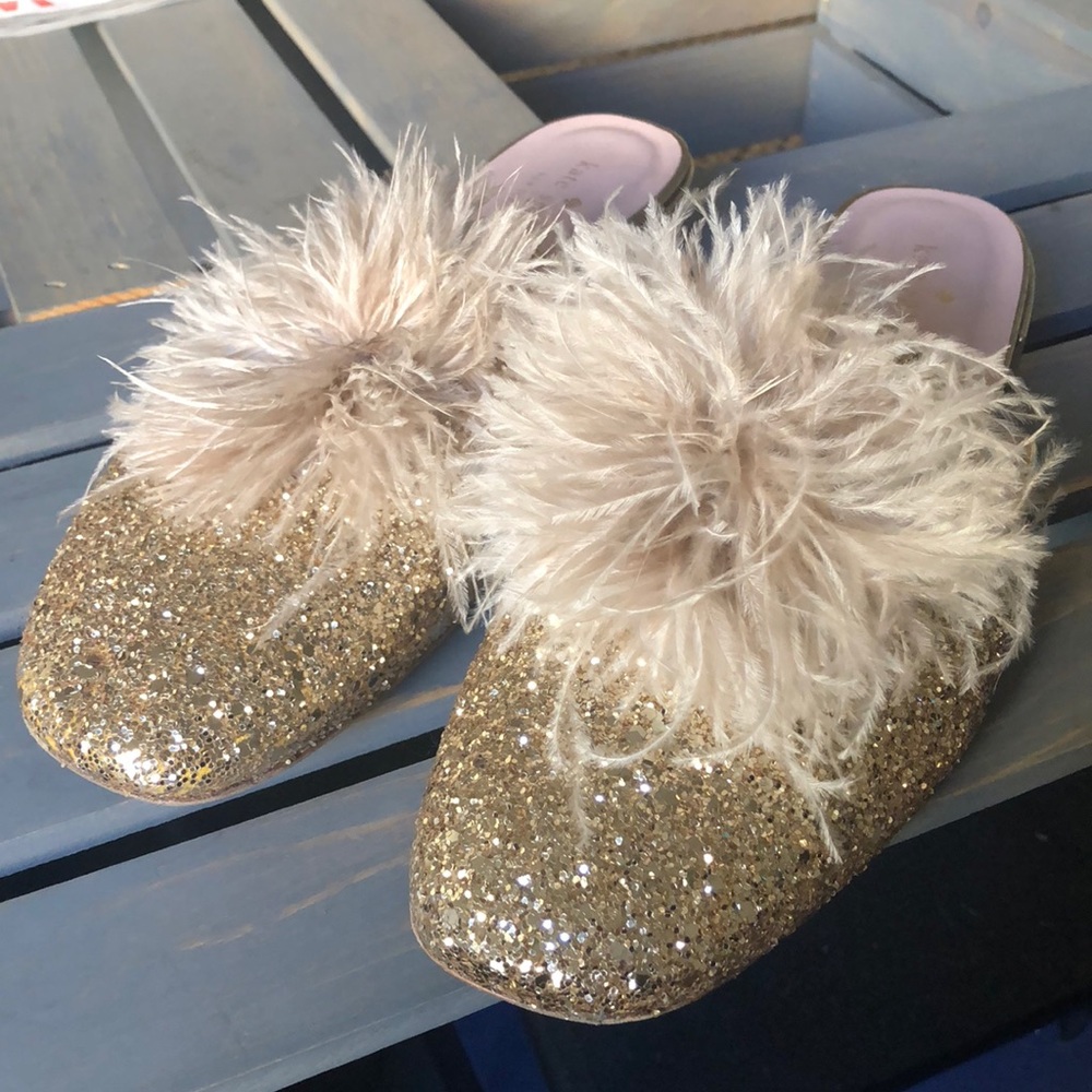 Kate Spade Glitter Mules with feather Pom